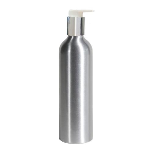 Flacon en aluminium argenté 250 ml avec pompe crème blanche argenté - au comptoir des flacons