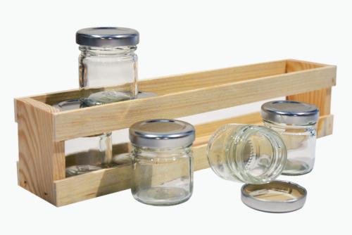 Coffret 6 pots conservation en verre avec presentoir en bois - au comptoir des flacons