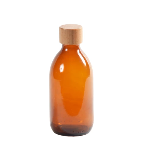 Flacon verre ambré 250 ml avec bouchon bois vernis - au comptoir des flacons